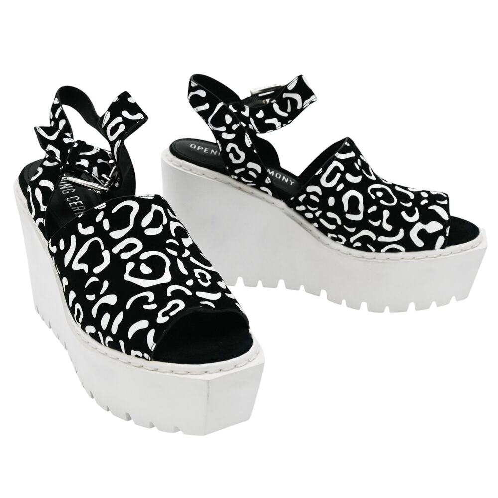 Opening Ceremony Luna Black White Suede Leopard Platform Wedge Sandals Size 41
